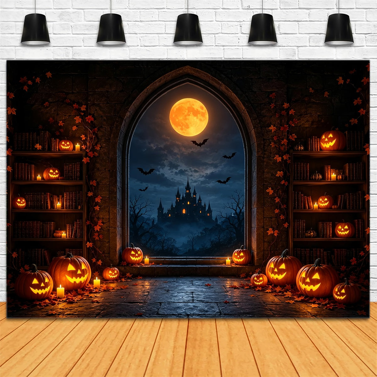 Décor De Lune D'Halloween Ctrouille Bibliothèque Château Fenêtre Décors Photo D'Halloween ZTT67-28