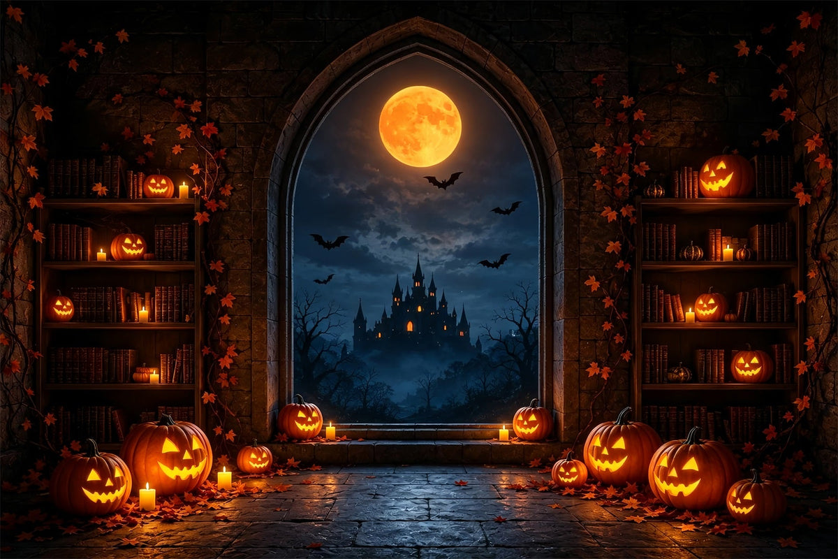 Décor De Lune D'Halloween Ctrouille Bibliothèque Château Fenêtre Décors Photo D'Halloween ZTT67-28