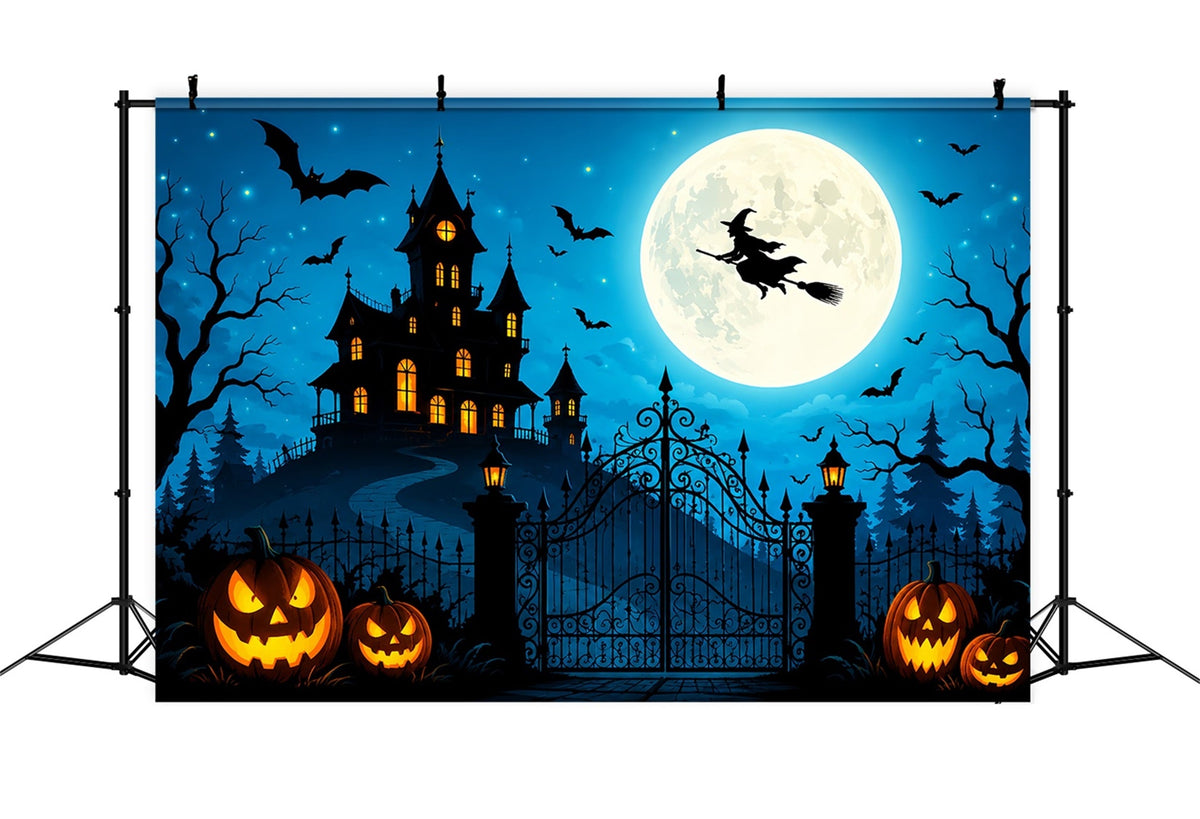 Décor De Château D'Halloween Avec Sorcière Volante Et Citrouille Grande Toile De Fond D'Halloween ZTT67-36