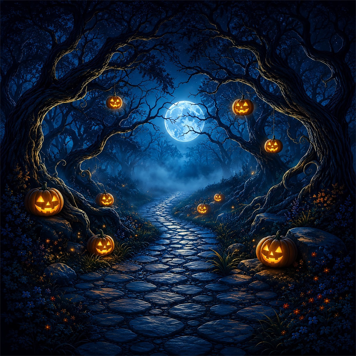 Décor D'Halloween Effrayant Chemin Forestier De Citrouilles Au Clair De Lune Décor D'Halloween Effrayant ZTT67-44