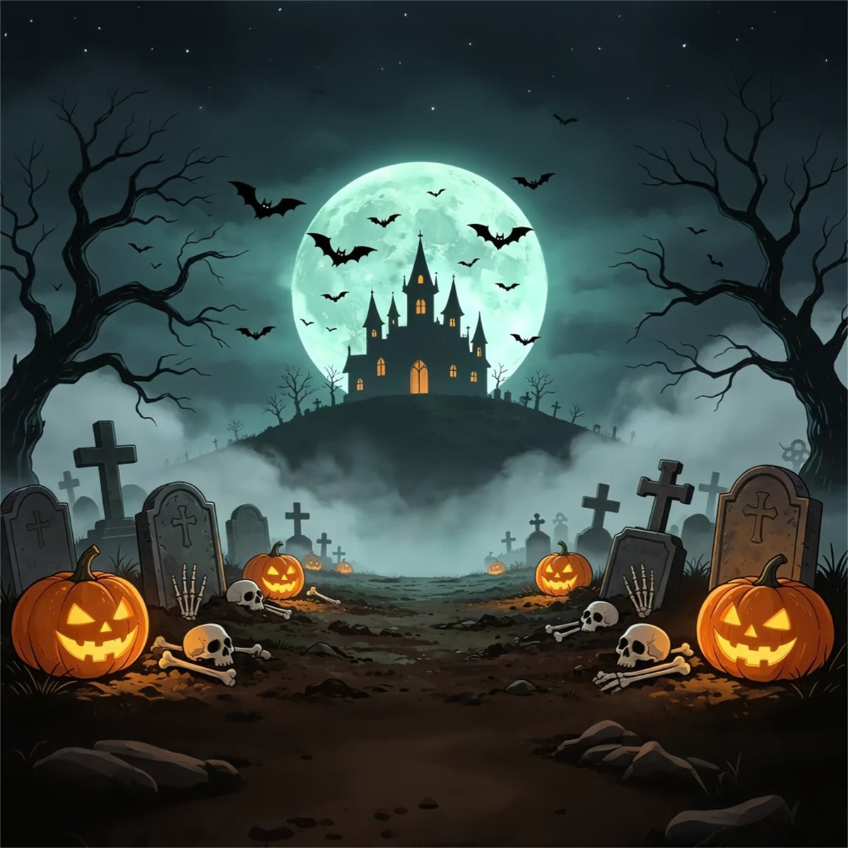 Décors De VampiresChâteau Au Clair De Lune Cimetière Chemin Décors Photo Effrayants Pour Halloween ZTT67-61