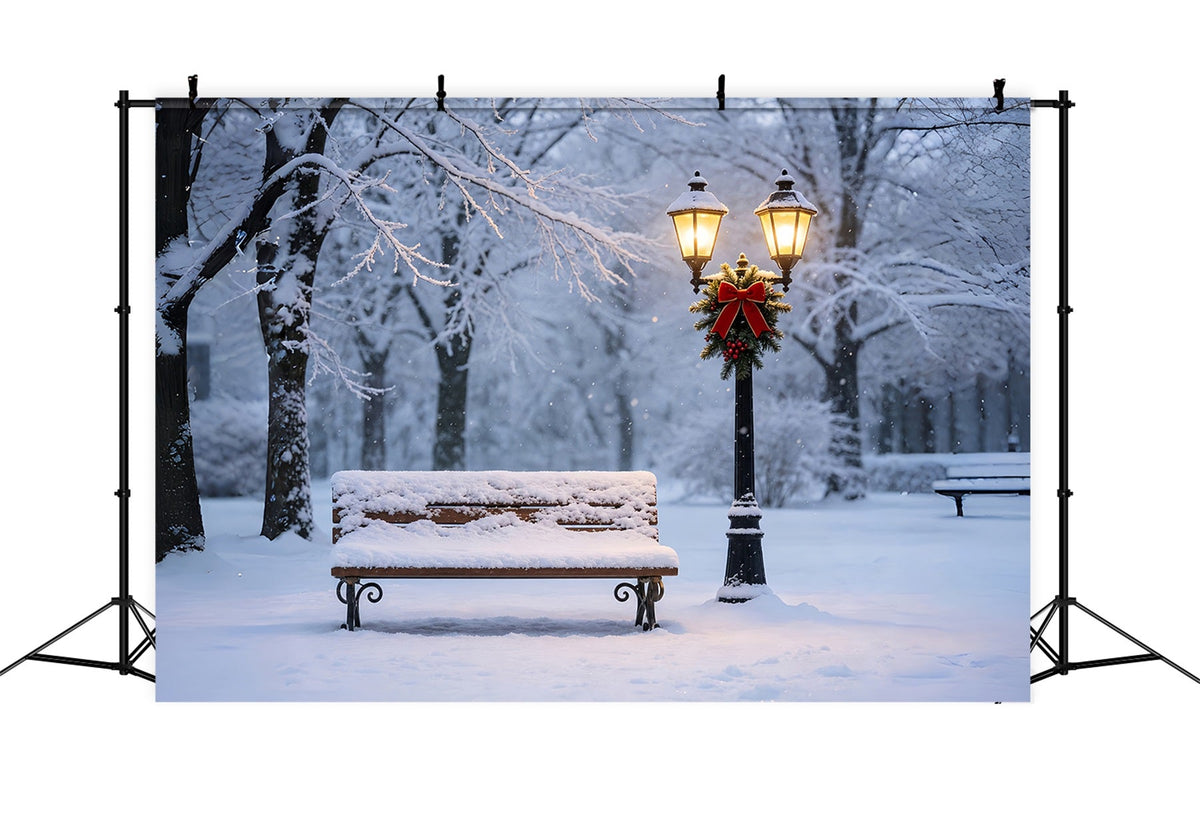Décor De Neige De Noël La Lueur D'Une Lanterne Sur Un Banc Enneigé Toiles De Fond En Mousseline De Noël ZTT69-11