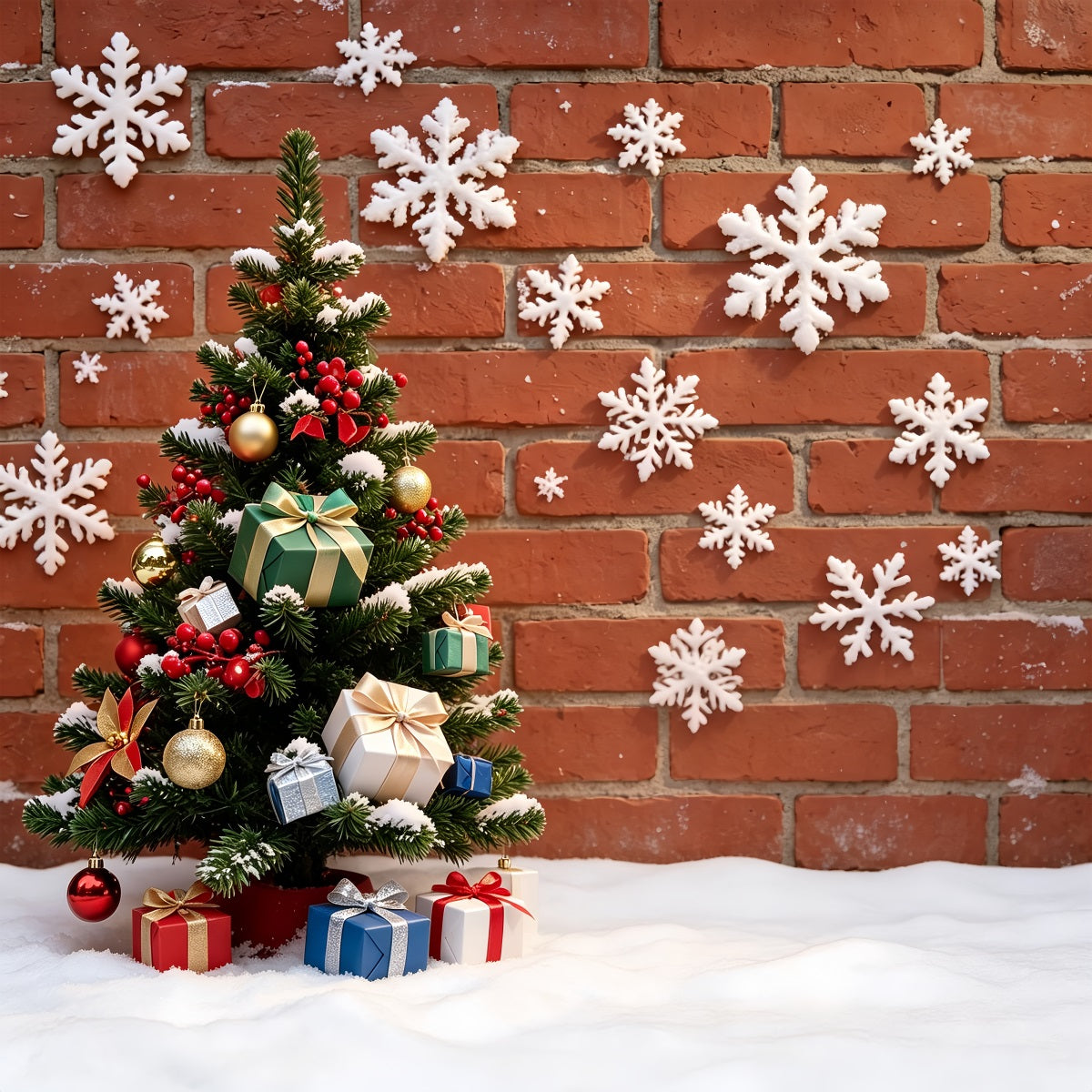 Fond De Flocons De Neige De Noël Décoration D'Arbre Enneigée Sur Mur De Briques Décor De Noël ZTT69-16