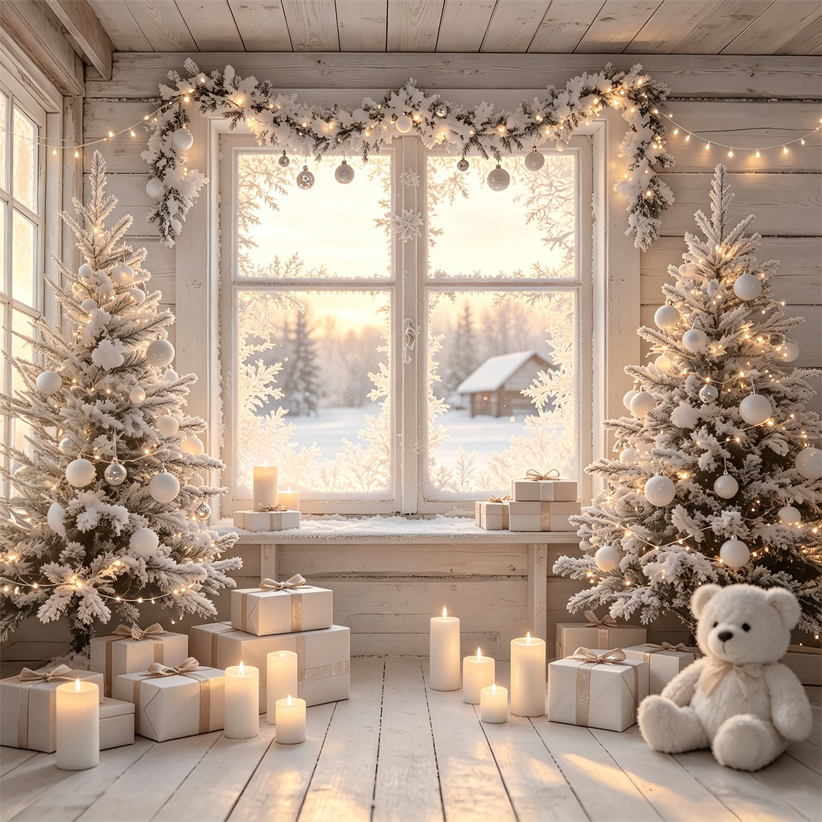Décor De Cabane De Noël Chambre Avec Fenêtre Blanche Dépolie Fond Photo De Noël ZTT69-20