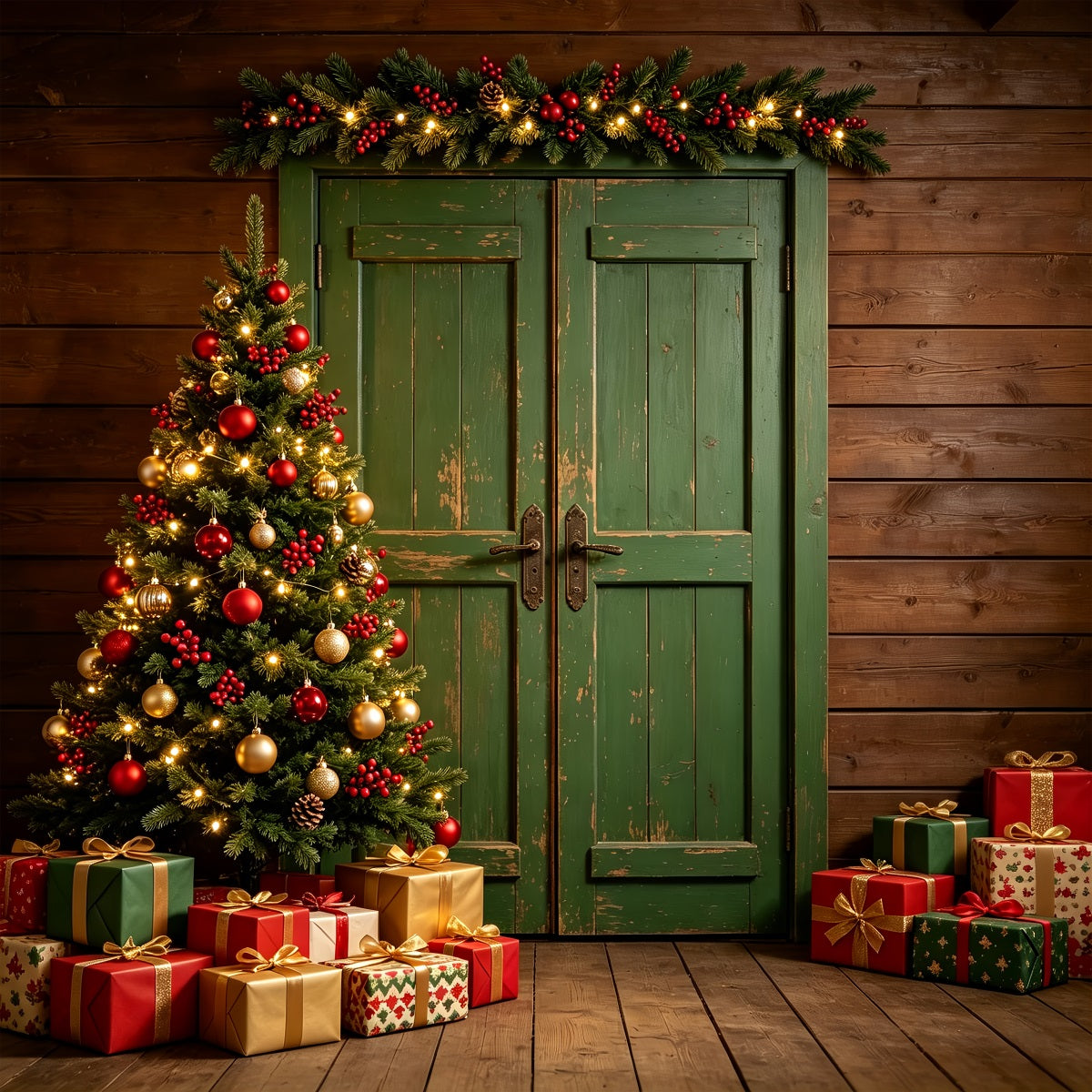 Décor Mural De Noël Décoration De Porte Verte Vintage Fond En Mousseline De Noël ZTT69-3