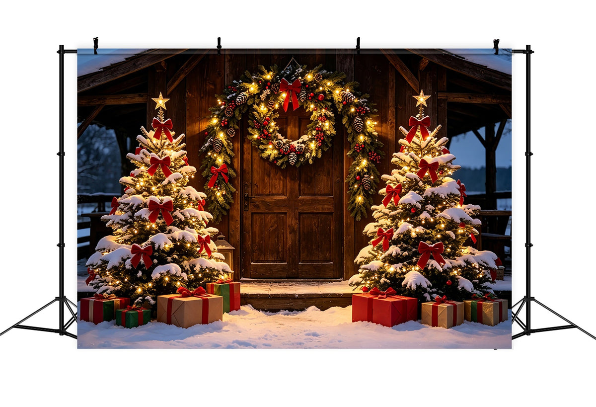 Décor De Porte De Grange De Noël Entrée De Chalet Rustique Enneigé Fond Photographique De Noël ZTT69-31
