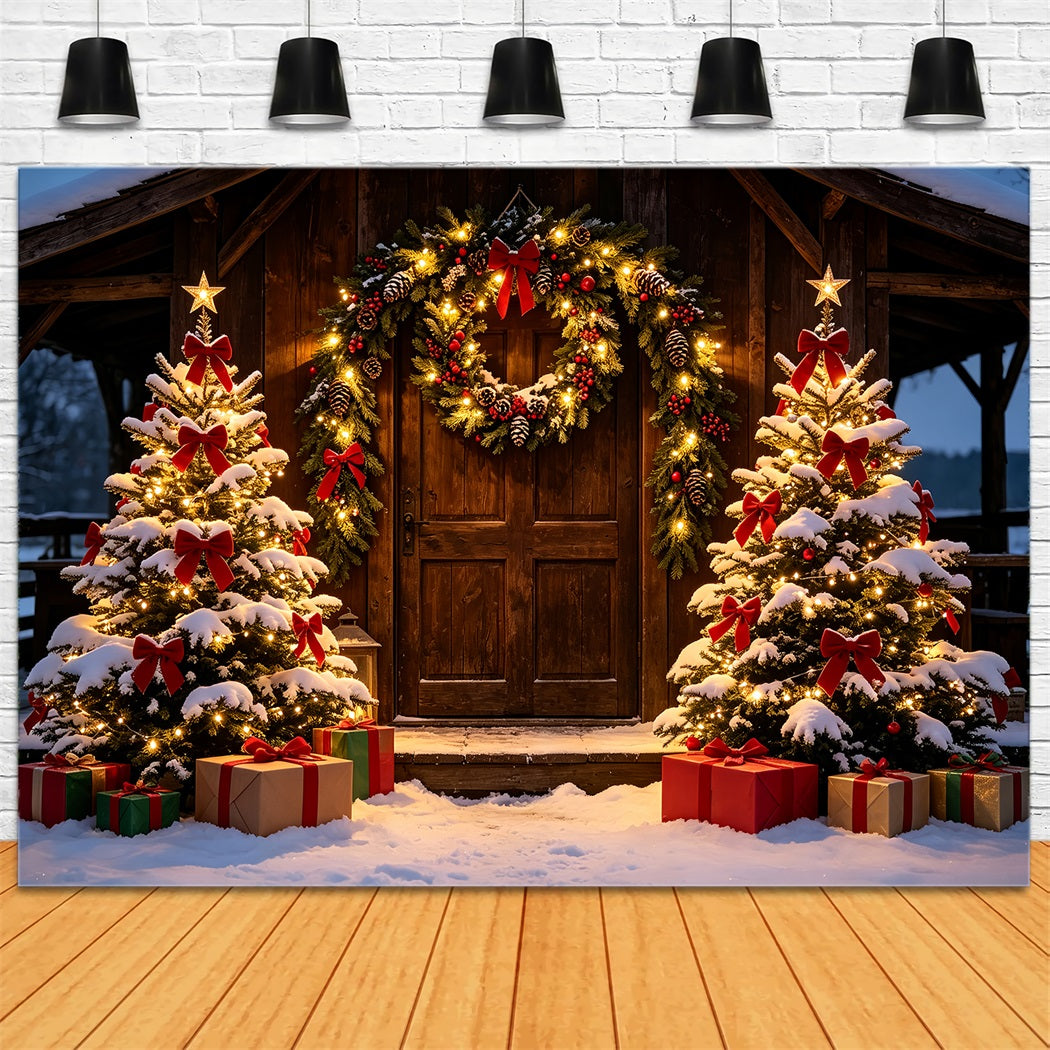 Décor De Porte De Grange De Noël Entrée De Chalet Rustique Enneigé Fond Photographique De Noël ZTT69-31