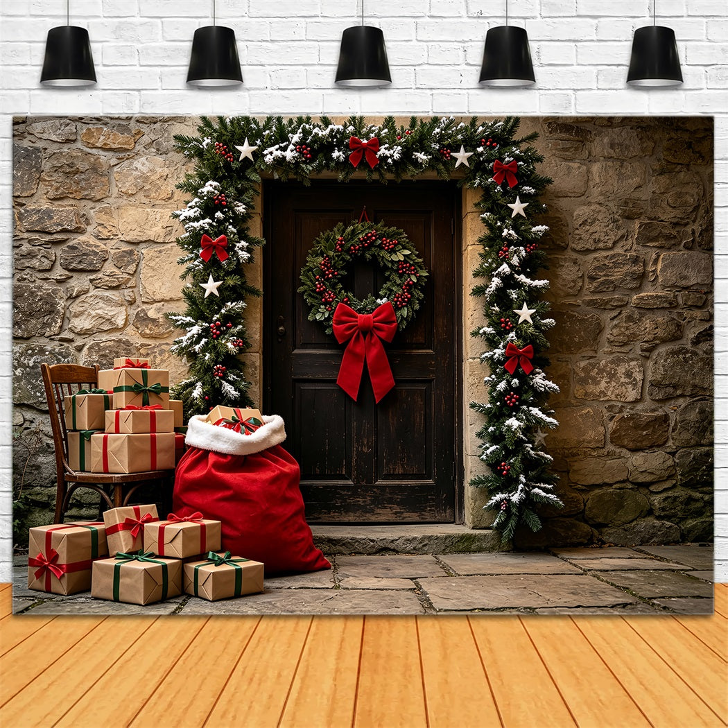 Décor De Noël Champêtre Porte En Pierre Avec Guirlande D'Entrée Fond De Noël En Mousseline ZTT69-45