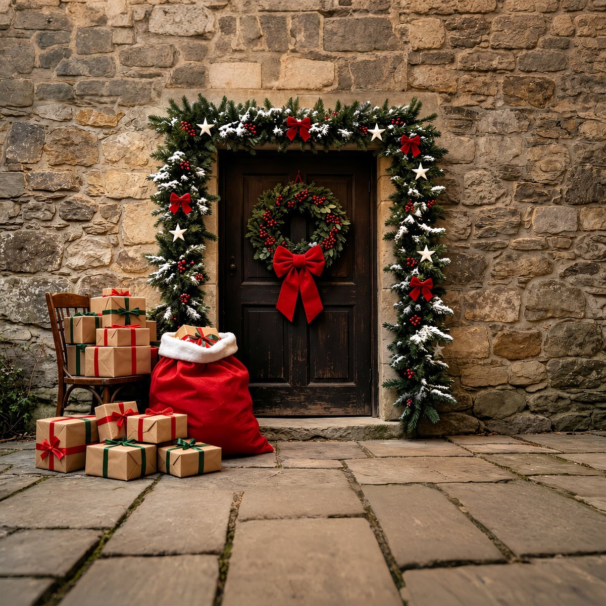 Décor De Noël Champêtre Porte En Pierre Avec Guirlande D'Entrée Fond De Noël En Mousseline ZTT69-45