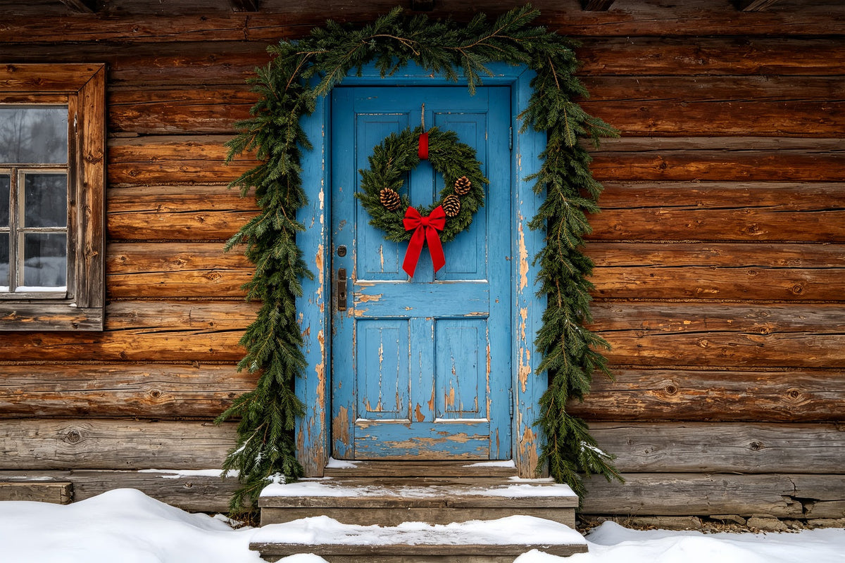 Fond De Noël En Bois Cabane Rustique À Porte Bleue Fond En Mousseline De Noël ZTT69-46