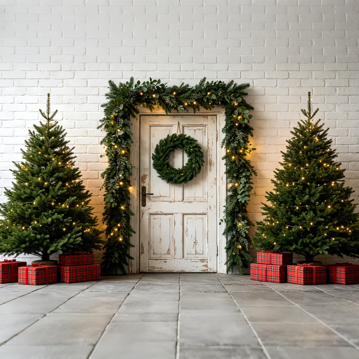 Décor De Verdure De Noël Entrée Avec Guirlande De Porte Blanche Décors Photographiques De Noël ZTT69-47