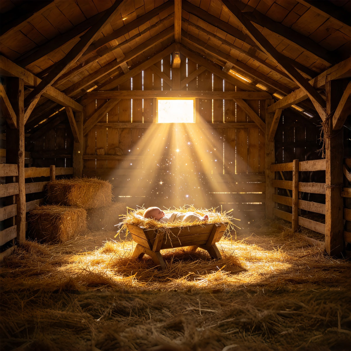 Fond De Crèche De Noël Mangeoire Dorée Lumière Bébé ZTT69-58