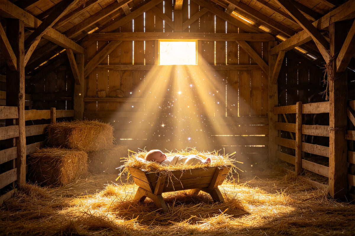 Fond De Crèche De Noël Mangeoire Dorée Lumière Bébé ZTT69-58