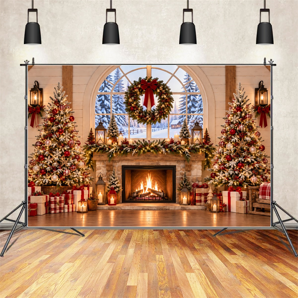 Fond De Noël Intérieur Cheminée Rustique Couronne ZTT69-60