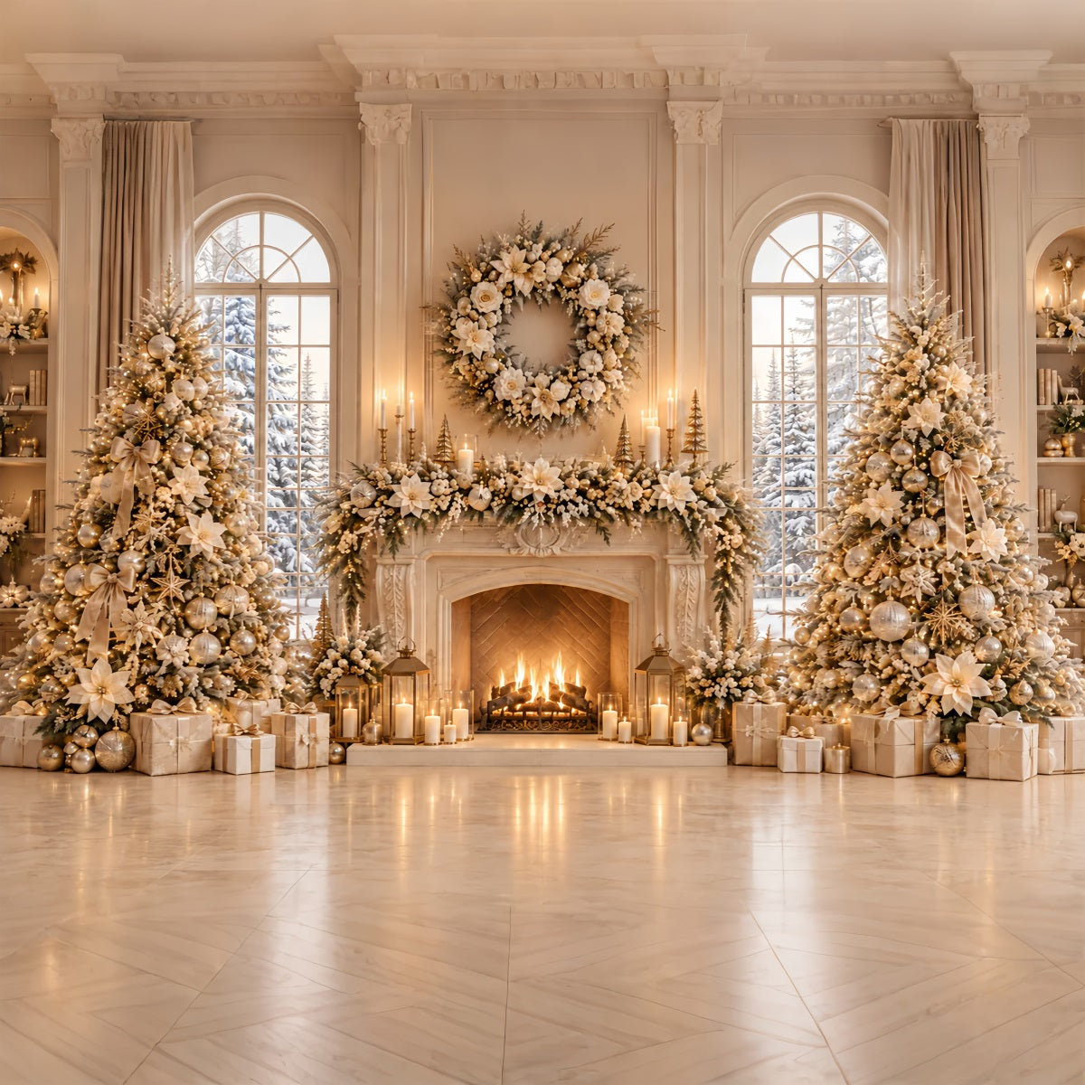 Fond Photo De Noël Cheminée Florale Ivoire Élégante ZTT69-68