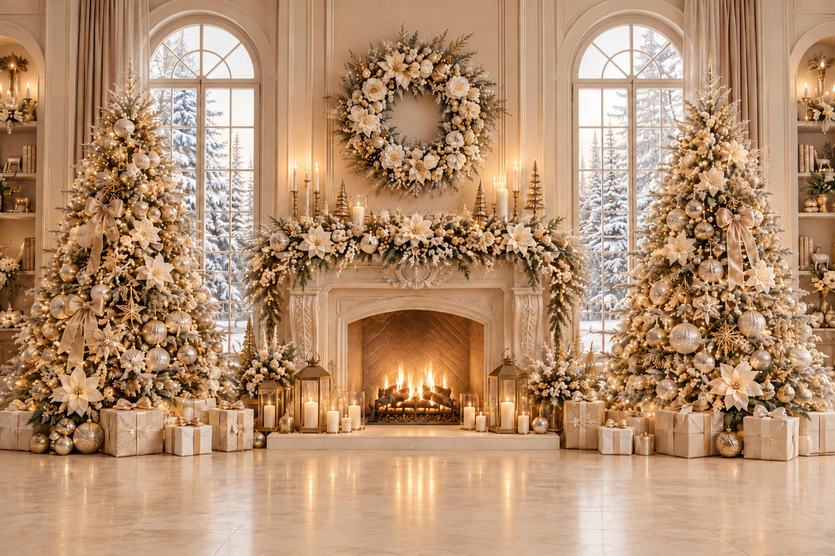 Fond Photo De Noël Cheminée Florale Ivoire Élégante ZTT69-68