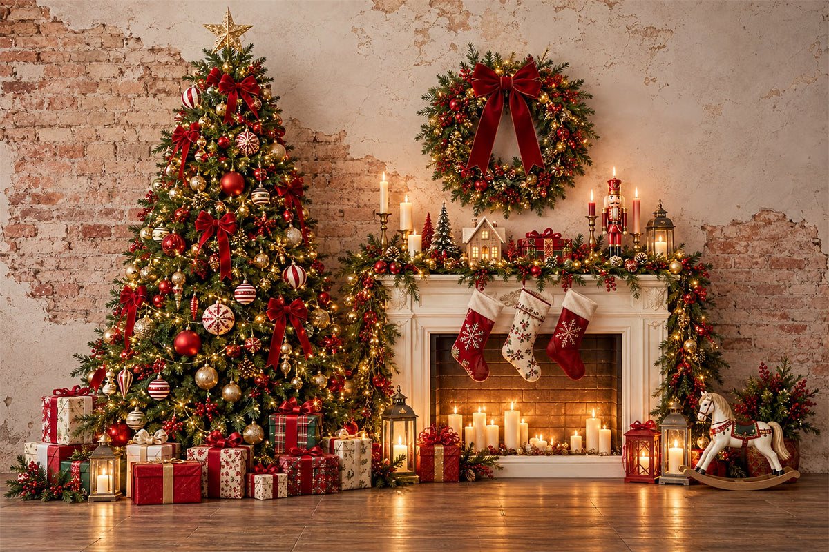 Fond Photo De Noël Cheminée Rustique Présentoir Cadeaux ZTT69-69