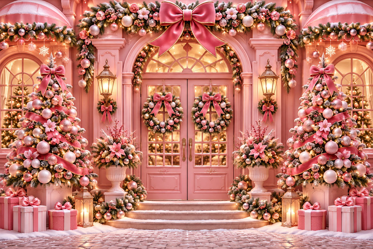 Fond De Noël Porte Rose Nœud Décoratif ZTT69-71