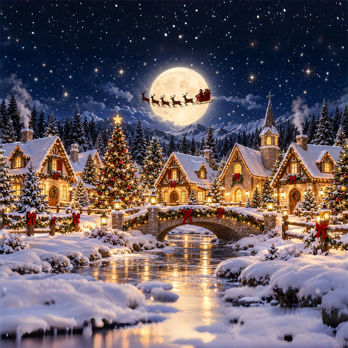 Fond Photo Père Noël Village Au Clair De Lune ZTT69-74