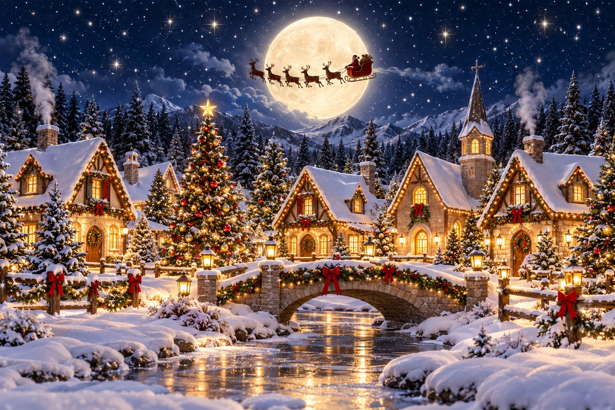 Fond Photo Père Noël Village Au Clair De Lune ZTT69-74