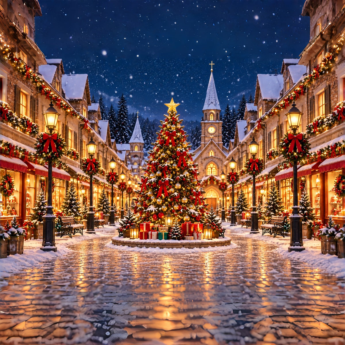 Fond De Village De Noël Place Illuminée Enneigée ZTT69-75