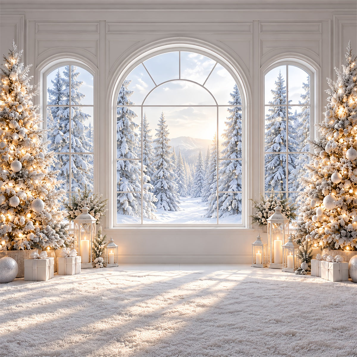 Fond De Fenêtre De Noël Vue Élégante Enneigée ZTT69-76