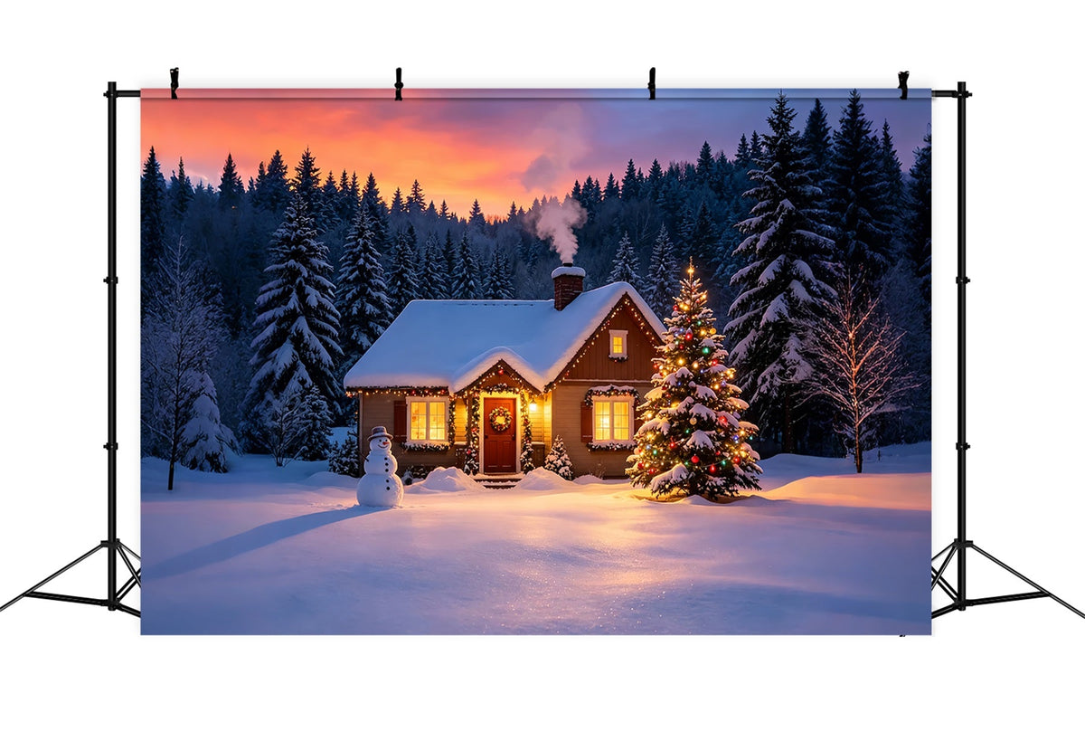 Décor De Noël Enneigé Coucher De Soleil Dans Une Cabane D'Hiver Fond En Mousseline De Noël ZTT69-9
