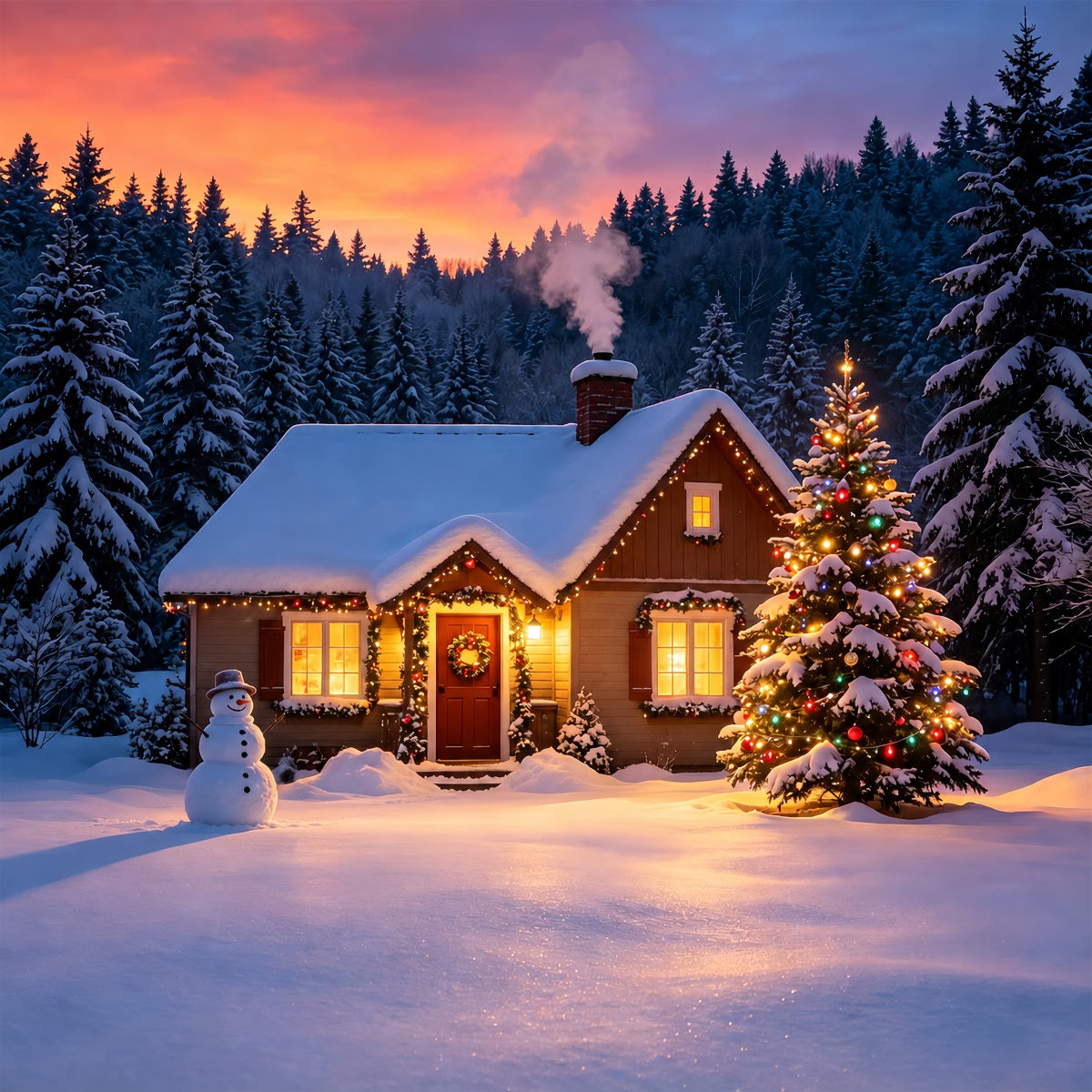 Décor De Noël Enneigé Coucher De Soleil Dans Une Cabane D'Hiver Fond En Mousseline De Noël ZTT69-9