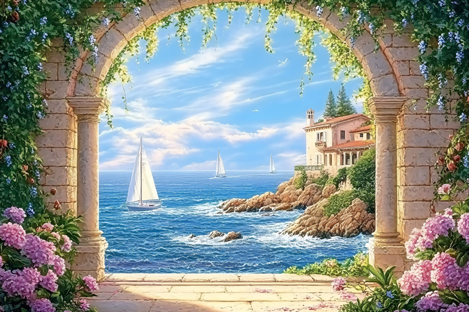 Toile de fond de Plage Été Arche en Pierre Mer ZXY3-11