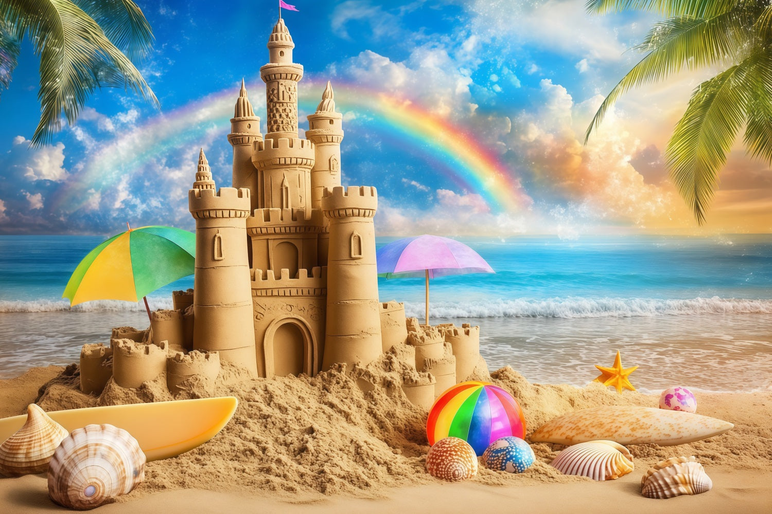 Toile de fond de Plage Été Château Tropical Arc-en-Ciel ZXY3-14