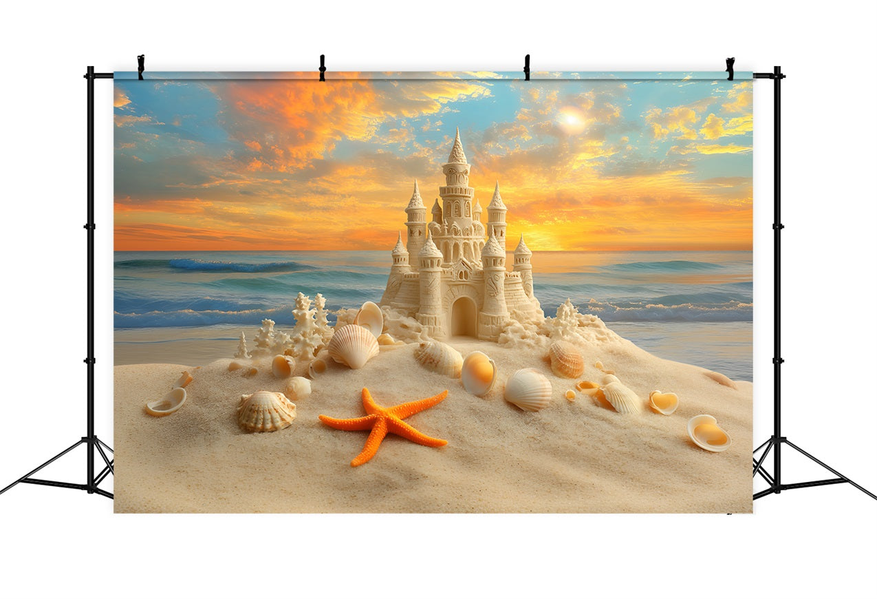 Toile de fond de Plage Été Sable Coucher de Soleil Château de Sable Étoile de Mer ZXY3-15