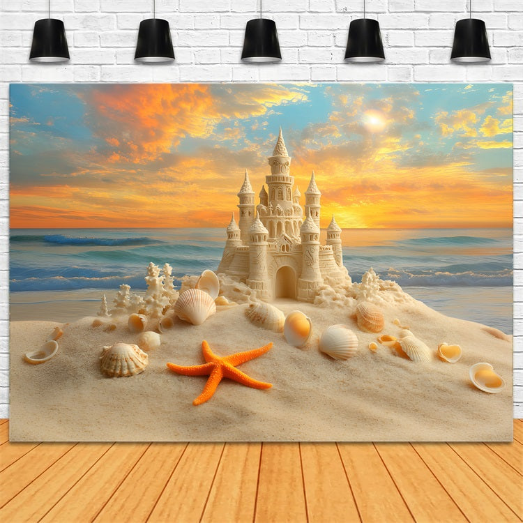 Toile de fond de Plage Été Sable Coucher de Soleil Château de Sable Étoile de Mer ZXY3-15
