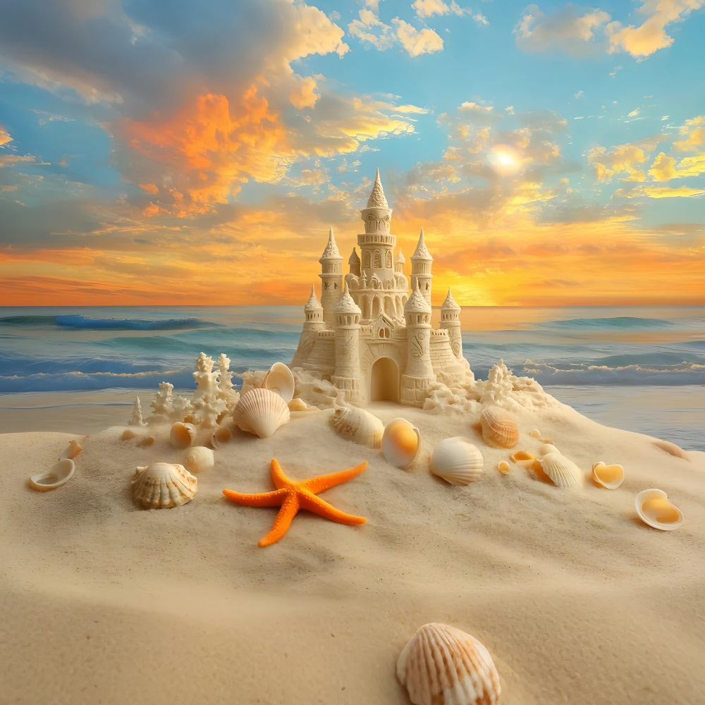 Toile de fond de Plage Été Sable Coucher de Soleil Château de Sable Étoile de Mer ZXY3-15