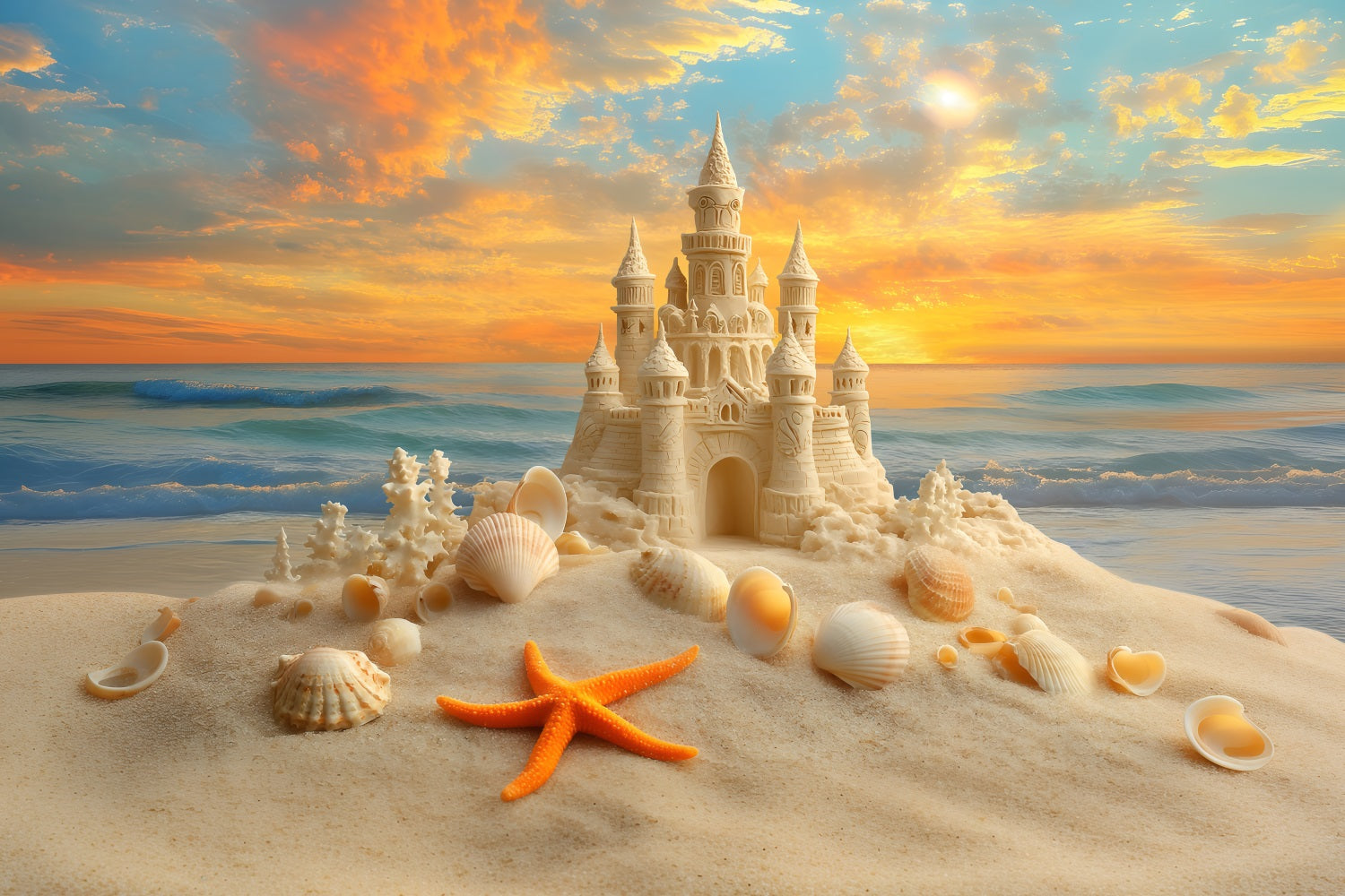 Toile de fond de Plage Été Sable Coucher de Soleil Château de Sable Étoile de Mer ZXY3-15