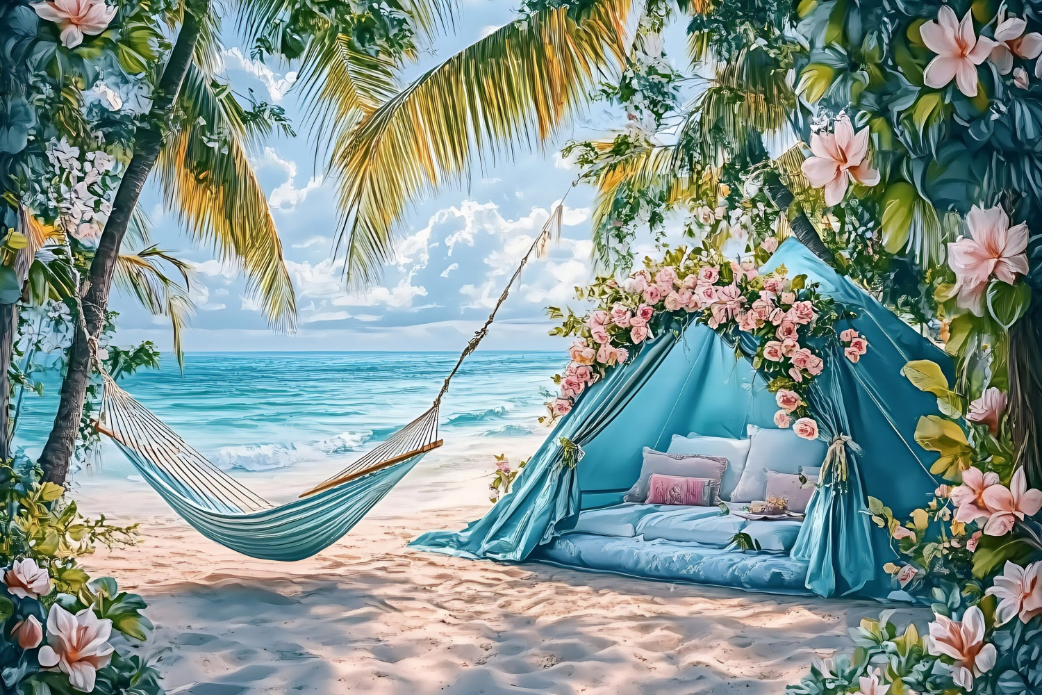 Toile de fond de Plage Été Tente Palmier Hamac ZXY3-19