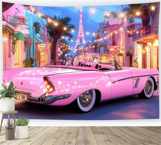 Toile de fond Été Voiture Rose Tour Eiffel Lumières ZXY3-20