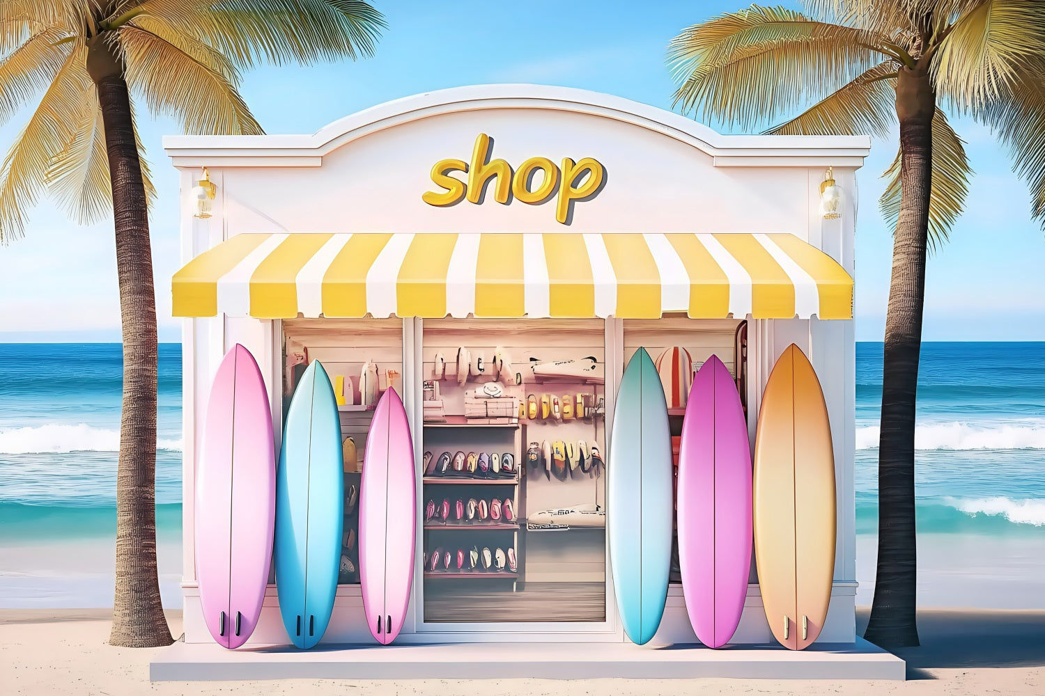 Toile de fond de Plage Été Rayures Jaunes Planche de Surf ZXY3-8
