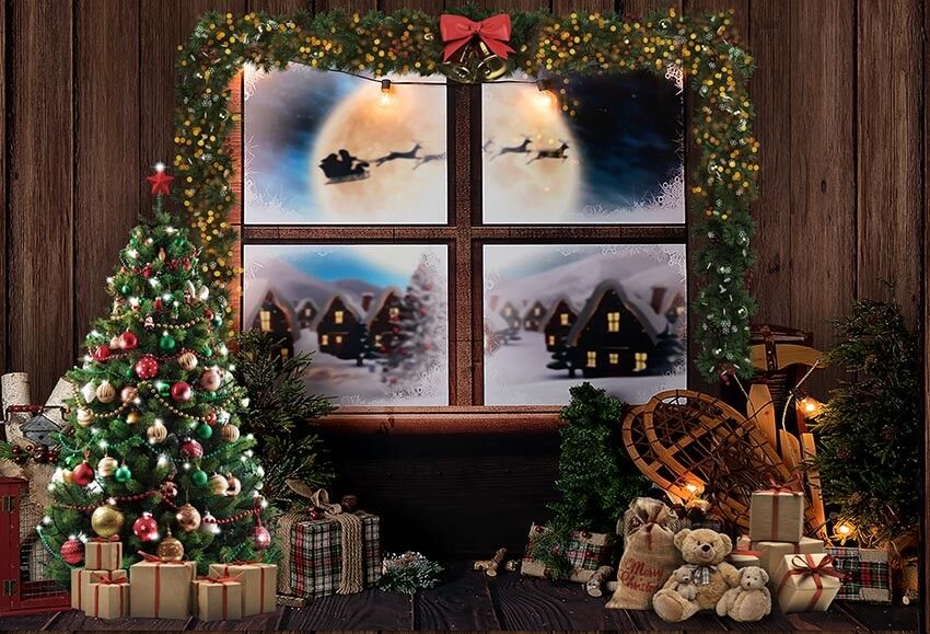 Toile De Fond D'Arbres De Noël Décoré De Cadeaux Fond De Maison En Bois G-1439