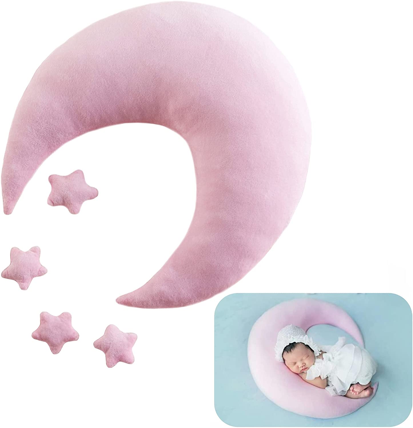 1+4pcs Nouveau-né Bébé Photographie Accessoire Toile de Fond Croissant de Lune Étoile en Peluche Oreiller Ensemble