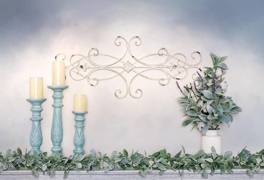 Bougie verte laisse fond de mur blanc pour la photographie conçue par Beth