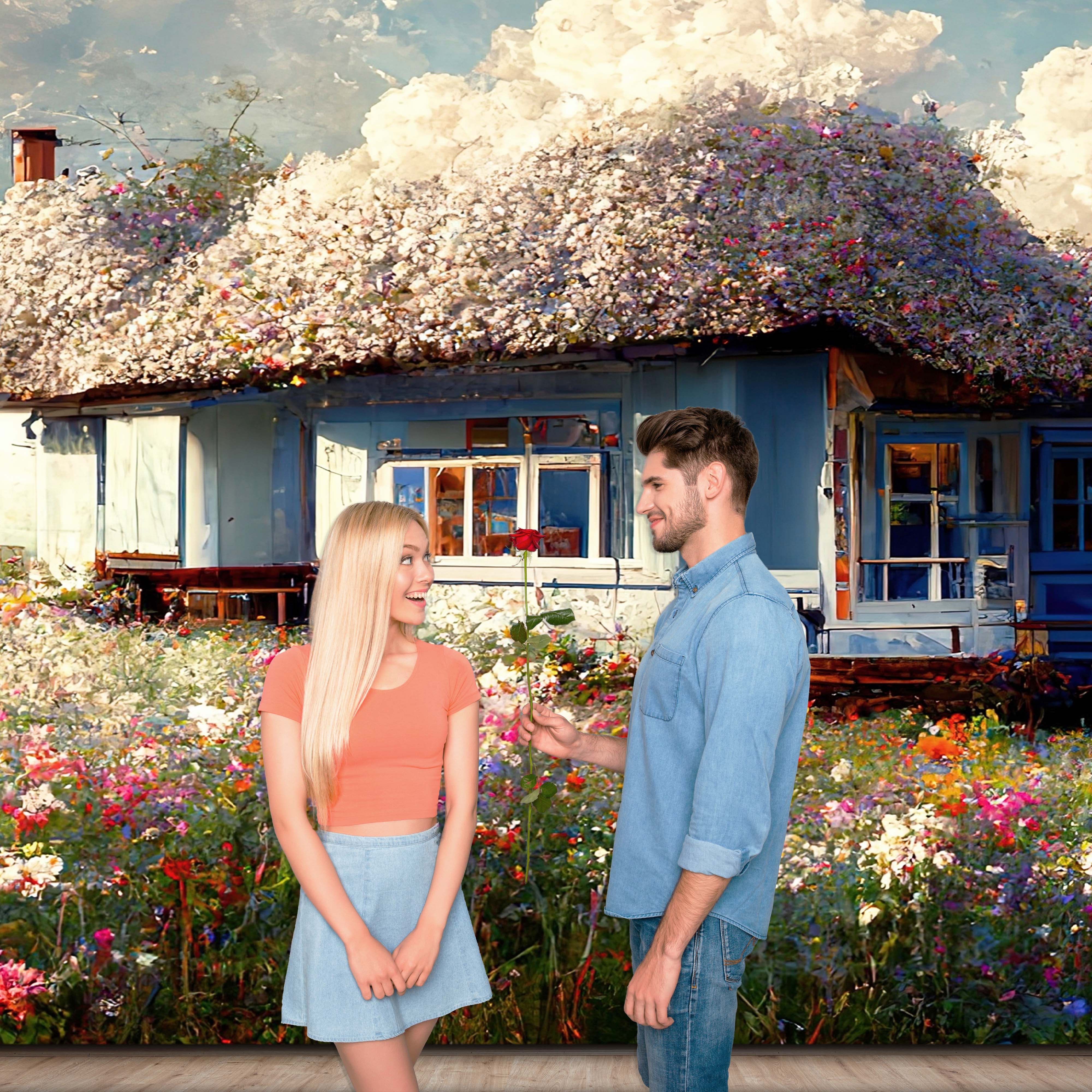 Toile de Fond du Printemps Superbe Champ de Fleurs Cottage D1017