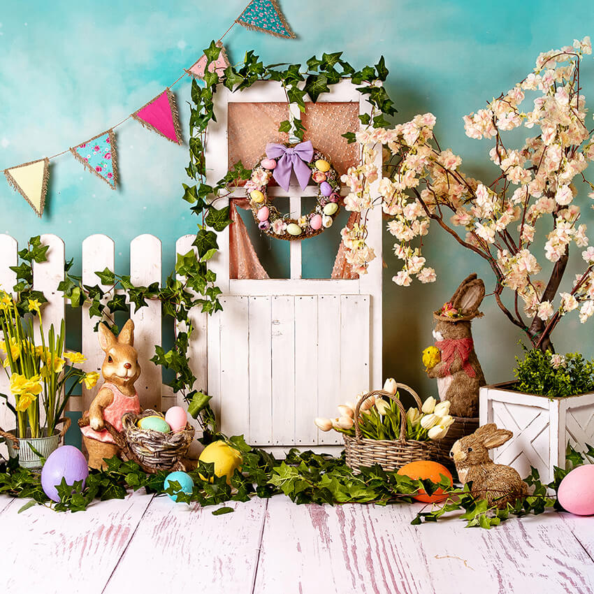 Oeufs de Lapin de Pâques Toile de Fond de Fleurs Colorées D1053