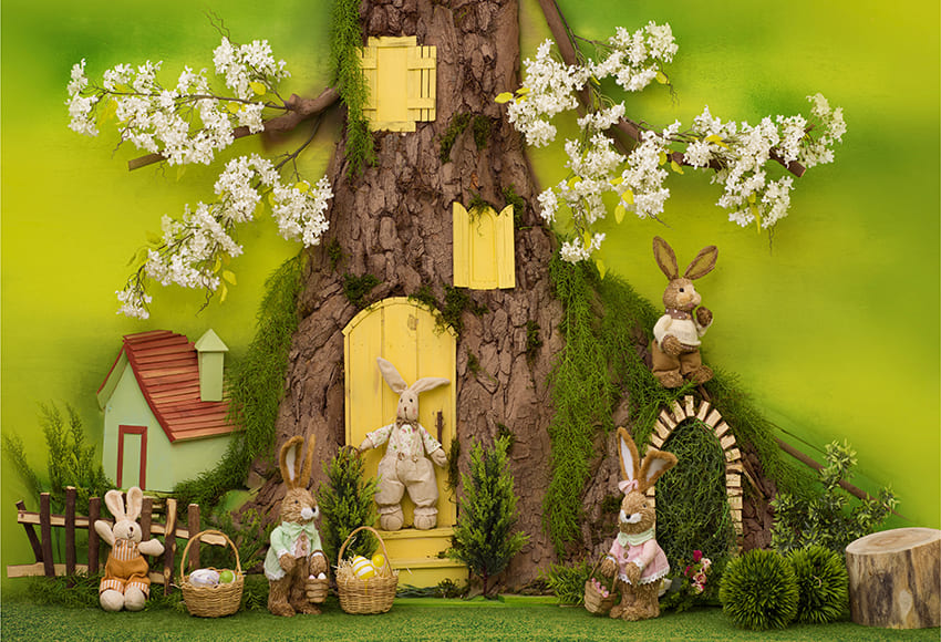 Cabane Dans l'arbre Lapin Lapin Toile de Fond de Pâques D1073