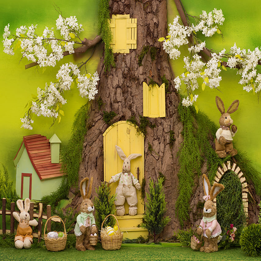 Cabane Dans l'arbre Lapin Lapin Toile de Fond de Pâques D1073