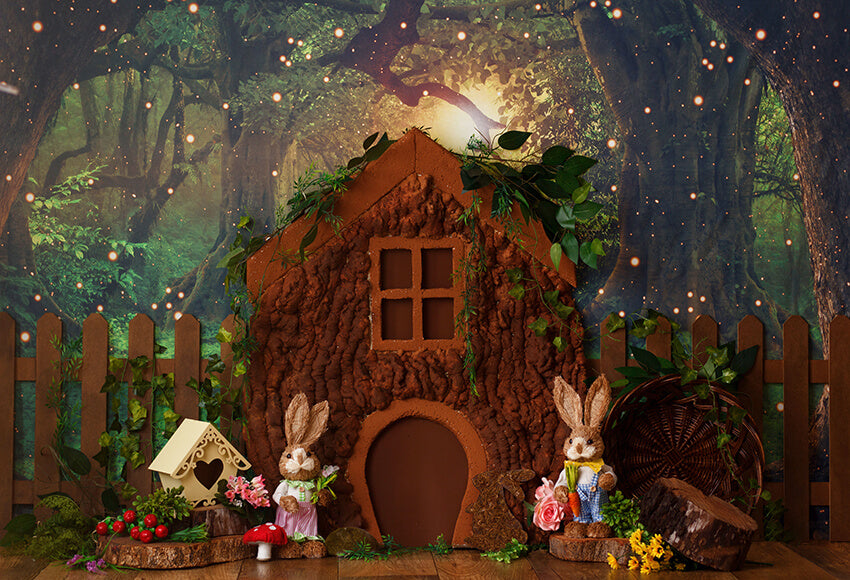 Cabane Lapin Dans l'arbre Toile de Fond de Pâques D1077
