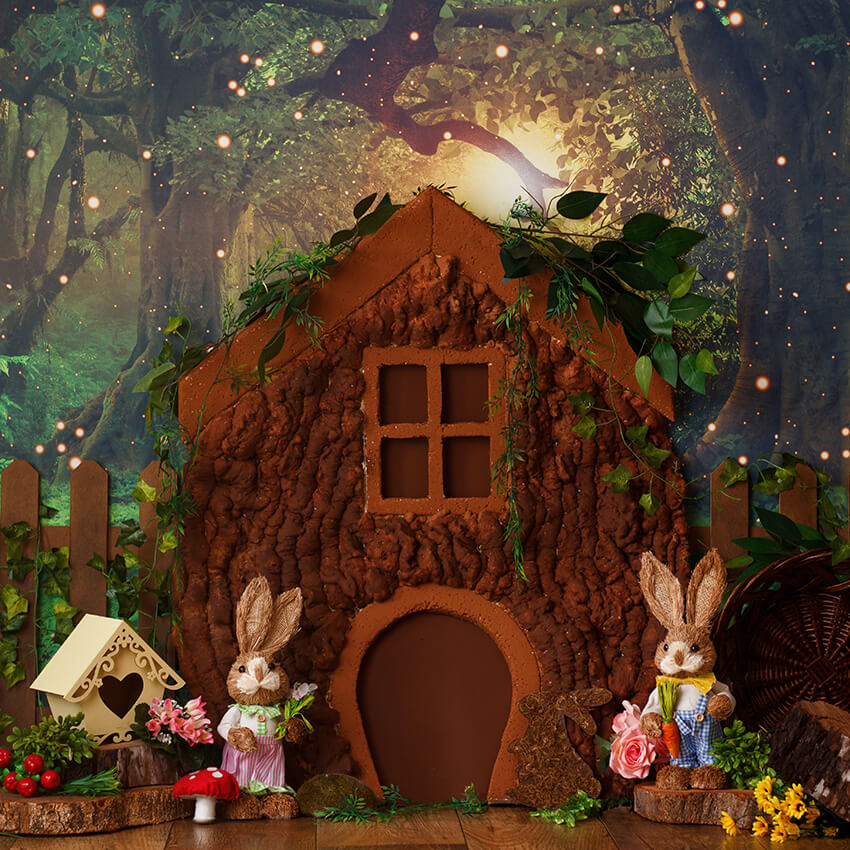Cabane Lapin Dans l'arbre Toile de Fond de Pâques D1077