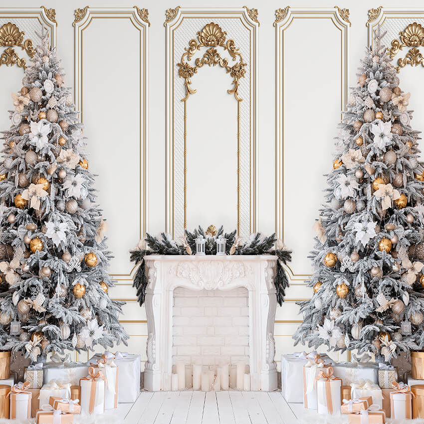 Toile de Fond Bois Mur Arbres de Noël Cheminée Photo D916