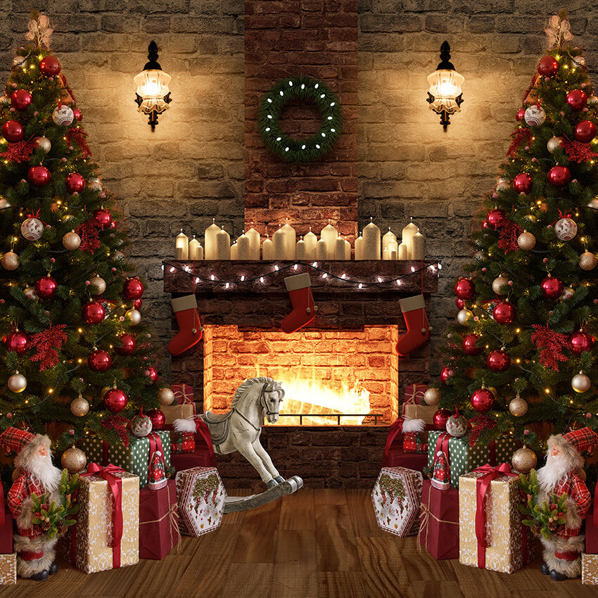 Cadeaux de Noël Cheminée Arbre de Noël Photo Toile de Fond D920
