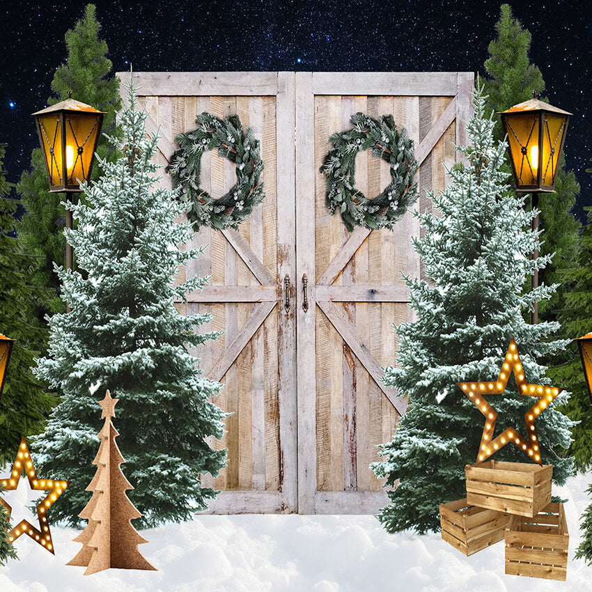 Fond de lumières de porte en bois d'arbre de Noël D930