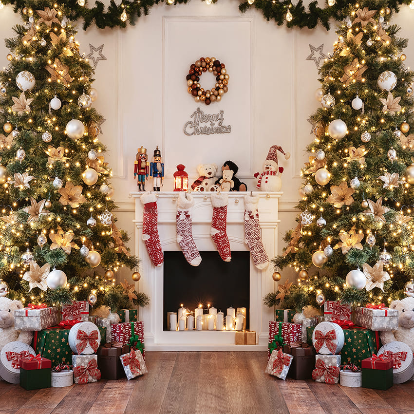 Toile de fond de cheminée de décoration d'arbre de Noël D989
